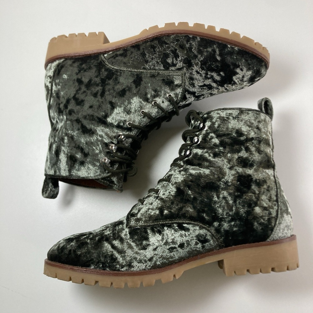 Qupid Green Velvet Combat Boots Womens 8 Velour Whimsigoth Lace Up Ankle Shoe - Picture 10 of 12
